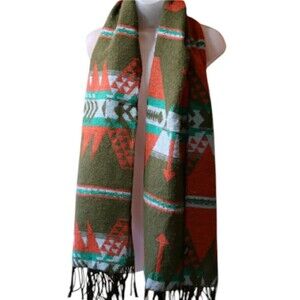 Urban Outfitters Oversized Southwestern Scarf | Olive & Rust Aztec Pattern